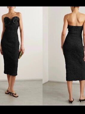 Mara Hoffman Mona Strapless Scrunch Rosette Bodycon Midi Dress Black